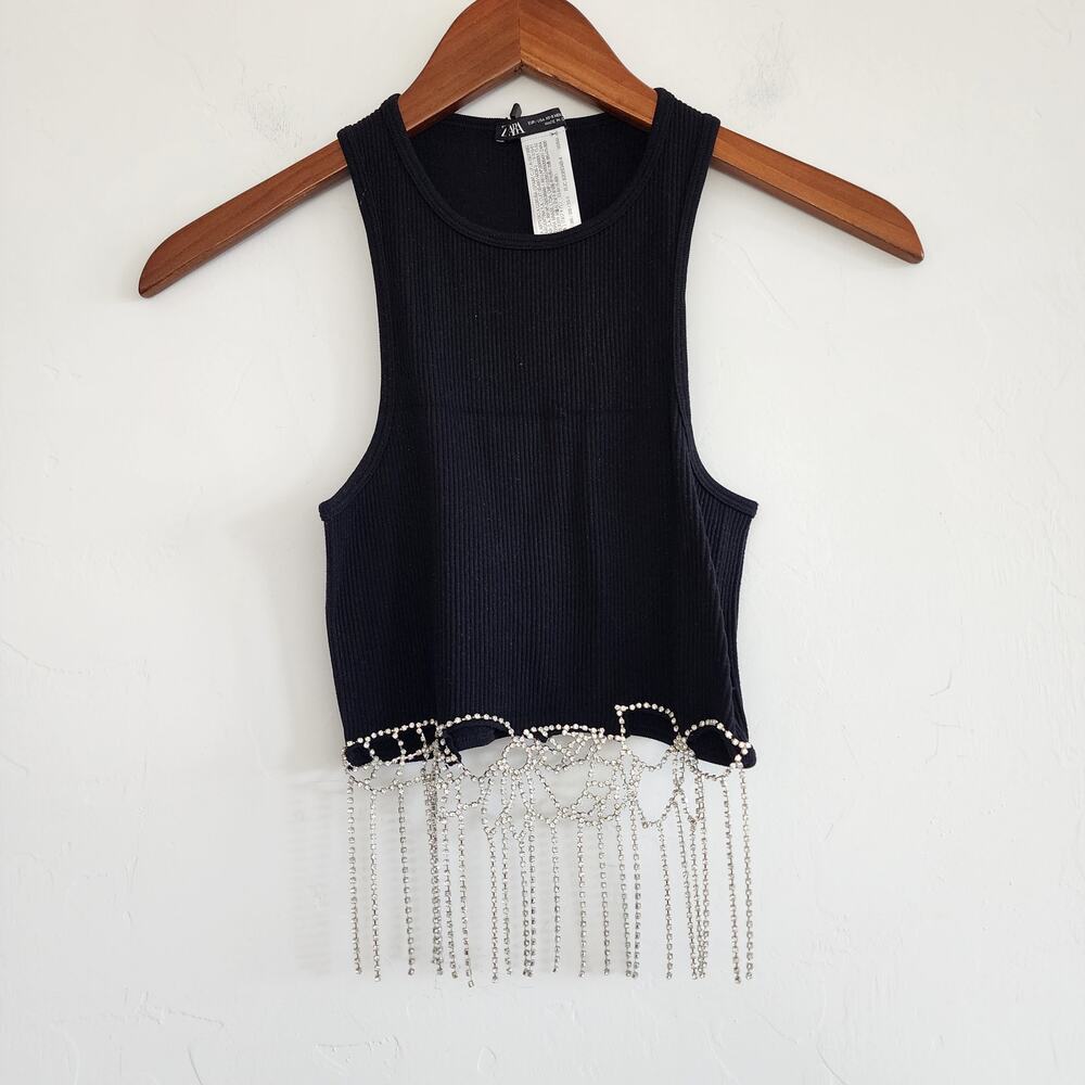 Zara Black Ribbed Cropped Halter Top Rhinestone Fringe Hem XS-Small - Picture 3 of 7